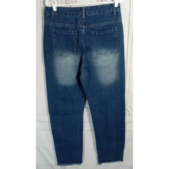 MissLook Women's High Waist Printed Floral Blue Jeans  Raw Hem Sz Medium - Picture 4 of 8